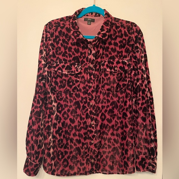 J Crew Classic-Fit Button Up Drapey Pink Velvet Leopard Print Shirt size 12-14 - Picture 3 of 12